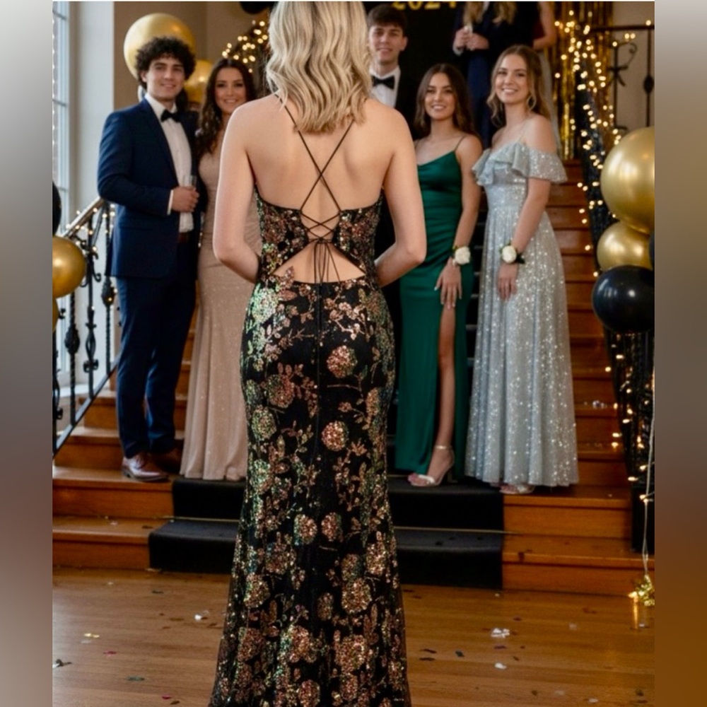 Black Floral Iridescent Sequin Mermaid Gown Lace Up Back Chiffon Prom Formal Sz8 - Picture 2 of 5